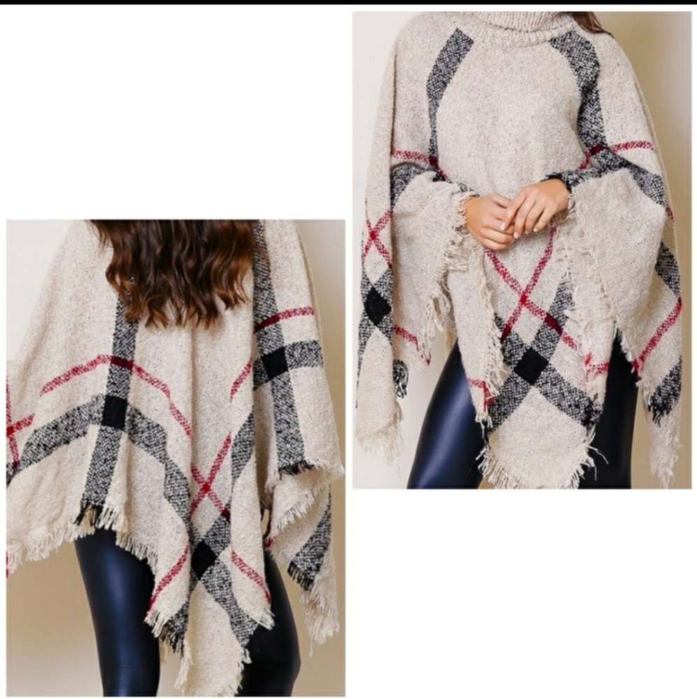 Plaid Poncho Shawl Turtleneck OS Beige Plaid NWT - Picture 4 of 6